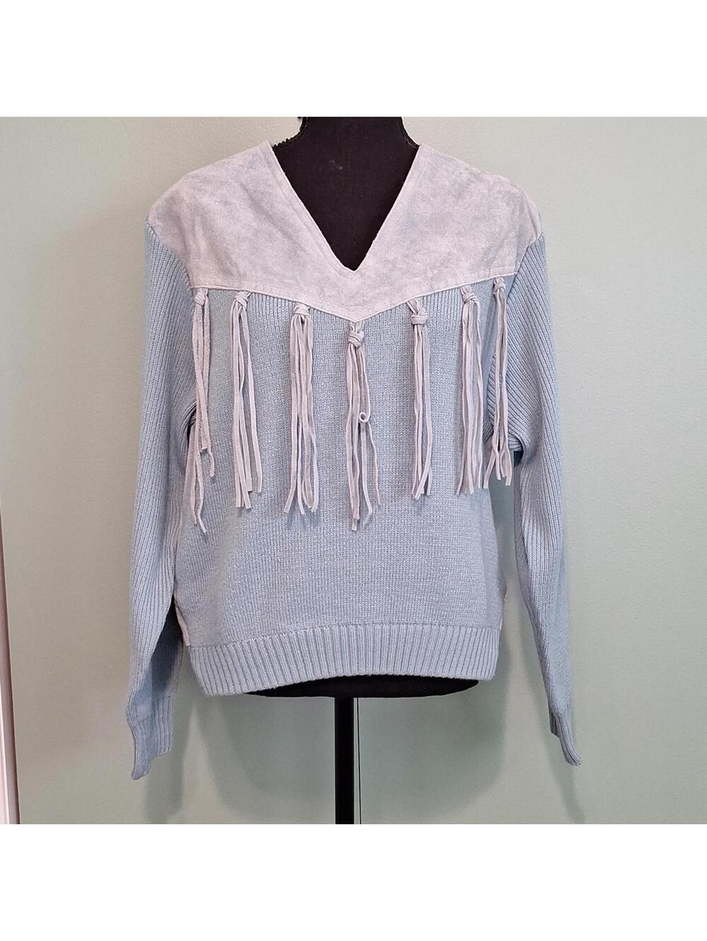 Vintage Sheplers Western Blue Leather Fringe Sweater Size Medium